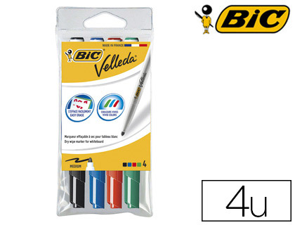 MARQUEUR BIC VELLEDA 1741 EFFAABLE POINTE OGIVE TRAC 2MM ENCRE CTONE FORMAT STYLO GRANDE LONGVIT POCHETTE 4 UNITS